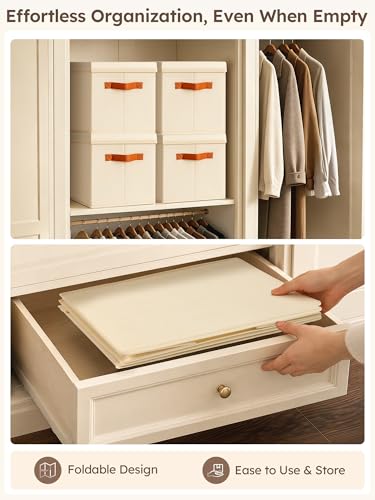Storage Bins with Lids - Fabric Storage Baskets for Shelves, 6 Pack Foldable Decorative Boxes with Handles, Stackable Organizer Bins for Home, Nursery, Dorm, Beige