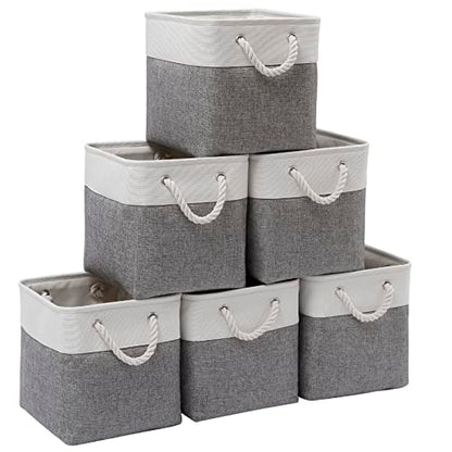 Cube Storage Bins, 6 Pack Collapsible Fabric Storage Cubes, 11 Inch Cube Organizer Bins with Handles (White/Gray)