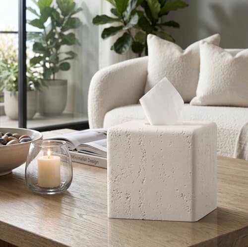 Tissue Box Cover Square, Modern Facial Tissue Holder,Cream | Luxurious Travertine Stone Look, Decorative Toilet Paper Dispenser, For Home Decor Bedroom Living Room Office Hotel Cafe Bar