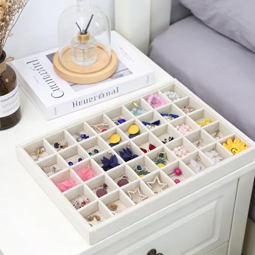 Stratalife 40 Grid Velvet Jewelry Organizer Tray, 13.8" x 9.4" x 1.2" | Stackable Drawer Earring Organizer with Adjustable Dividers, Jewelry Display Tray for Necklace Earring Ring Studs, Beige