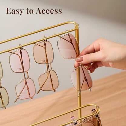 Sunglasses Organizer Glasses Holder Stand with Tray, Eye Glasses Display, 2 Tier Sunglass Storage Rack for Multiple Glasses, for Desk, Nightstand, Dresser, Vanity, Metal, Gold