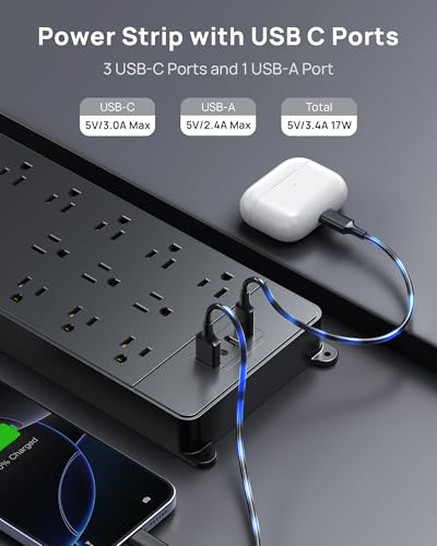 TROND Surge Protector Power Strip 5ft Cord, 4000J, 4 USB, ETL Listed, Black | 13 Widely-Spaced Outlets Expansion with USB C Ports, Low-Profile Flat Plug, Wall Mount, Extension Cord, 14AWG Heavy Duty