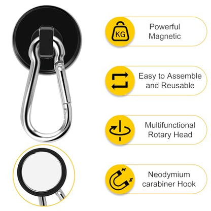 DIYMAG Magnetic Hooks,Black 15 Pack 70LBS Heavy Duty Magnet Hooks | Neodymium Strong Swivel Carabiner Magnet Hooks with Swivel Carabiner,Great for Your Refrigerator and Magnetic Surfaces