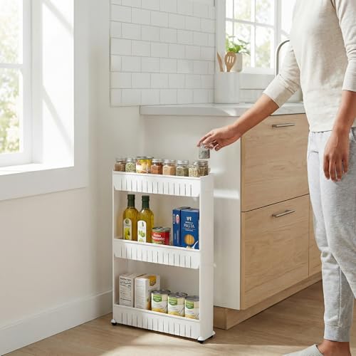 3 Tier Shelf Rolling Cart - Narrow-Space Kitchen o... (White)