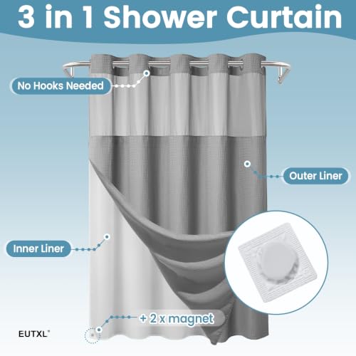 EUTXL 256GSM Heavyweight No Hook Waffle Shower Curtain, Grey, 71x74 | with Snap in Liner, Heavy Duty, Hotel Luxury Spa, Waterproof Fabric, Corner Magnets, 3 in 1 Set, Washable, Hang in Seconds