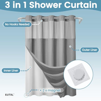 EUTXL 256GSM Heavyweight No Hook Waffle Shower Curtain, Grey, 71x74 | with Snap in Liner, Heavy Duty, Hotel Luxury Spa, Waterproof Fabric, Corner Magnets, 3 in 1 Set, Washable, Hang in Seconds