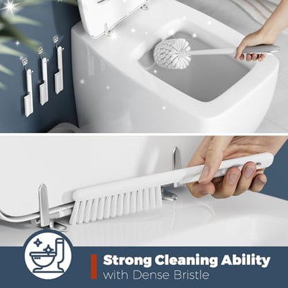 Toilet Brush and Holder Set, Space Saving, 3 Pack, White | Bathroom Accessories, Ergonomic Silicone Handle, Dense Bristles, Deep Cleaning, with 3 Crevice Brushes, Compact Design
