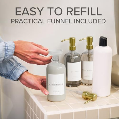 Stylish Shampoo and Conditioner Dispenser Set of 3 - Modern 21oz Shower Soap Bottles with Pump and Labels - Easy to Refill Body Wash Dispensers for an Instant Bathroom Decor Upgrade Clear