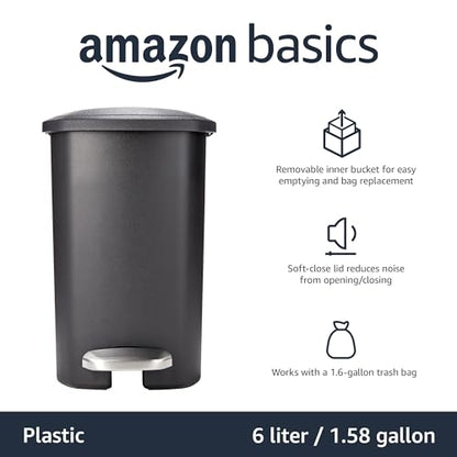 Amazon Basics Compact Plastic Bathroom Trash Can with Soft-Close Lid, Hands-Free Foot Pedal, Removable Inner Bucket, 6L / 1.6 Gallon, Black
