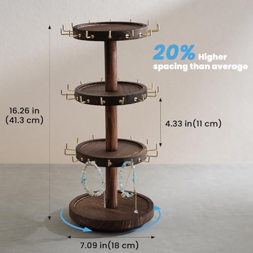 Lolalet 4-Tier Rotating Bracelet Holder -Darkbrown | Wooden Display Stand with 42 Hooks & Tray Base, 360° Degrees Rotatable, Holds Bracelets, Key Chains & Small Accessories