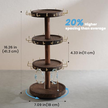 Lolalet 4-Tier Rotating Bracelet Holder -Darkbrown | Wooden Display Stand with 42 Hooks & Tray Base, 360° Degrees Rotatable, Holds Bracelets, Key Chains & Small Accessories