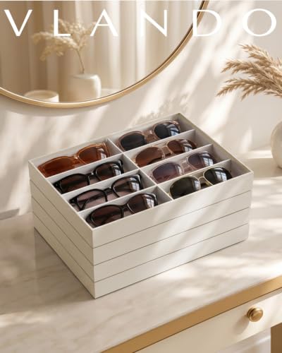 VLANDO Sunglasses Organizer,Stackable Jewelry Tray for Glasses,Beige | Removable Dividers, Soft Velvet Lining, Drawer Organizer for Glasses, Watches, Vanity Display, Gift for Women Girl