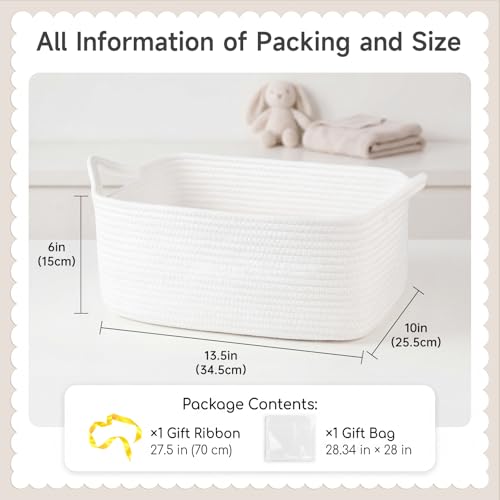 OIAHOMY Cotton Rope Gift Basket Empty with Bags & Ribbons, Woven Baby Shower Basket for Nursery & Pet Toys, Ideal Personalized Gift for Holidays, Birthdays & Decor, White