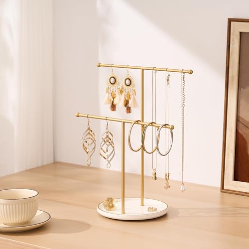 Jewelry Stand with Ceramic Tray, Necklace Holder, Gold Bar White Base | Ceramic Base, Gift for Women & Girls, Hanging Necklace Organizer Tree, Earrings, Bracelets, Rings, small