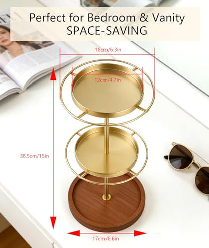 360° Rotating Double-layer Sunglasses Organizer - Stainless Steel Glasses Holder for Multiple Eyeglasses with Tray, Space-Saving Eyewear Storage Stand (Gold)