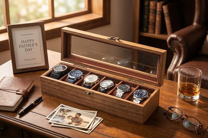 Watch Box for Men and Women - Large Glass Lid, Wooden Display Storage Case With 6 Slots, Retro Burlywood Organizer