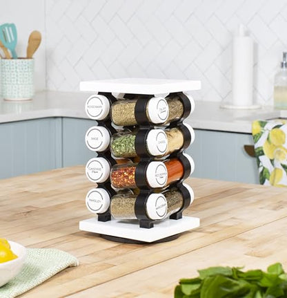 16 Jar Rotating White Spice Rack | Spices Included, 5-Year Spice Refill Program, Compact Countertop, Glass Jars