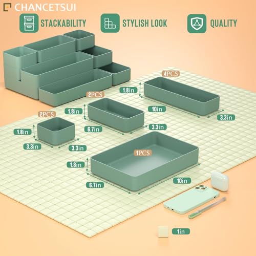CHANCETSUI 9 Pcs Stackable Drawer Organizer Trays Set, Green, Multifunctional Storage for Vanity, Bathroom, Kitchen, Desk Drawer Organizer Office, PET Plastic | sage green desk shallow vanity plastic office junk small bins kitchen