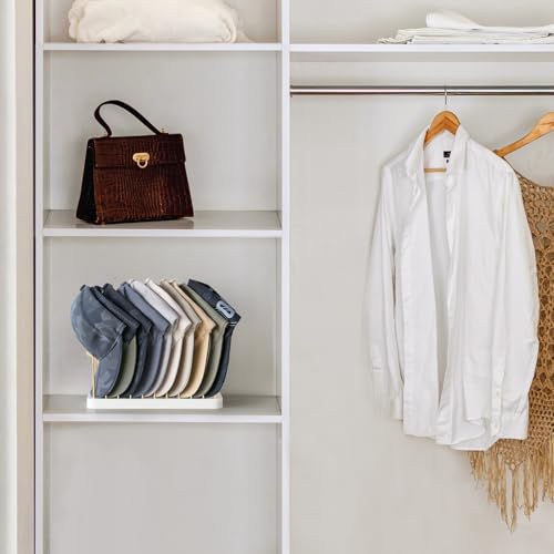 Mkono Hat Organizer for Baseball Caps, Hat Holder Storage for Closet, Gold | Hat Rack for 10 Caps, Space Saving, Easy Assembly, Sturdy Wood Base, Clear Display Stand, for Tabletop Shelf Dresser Bedroom