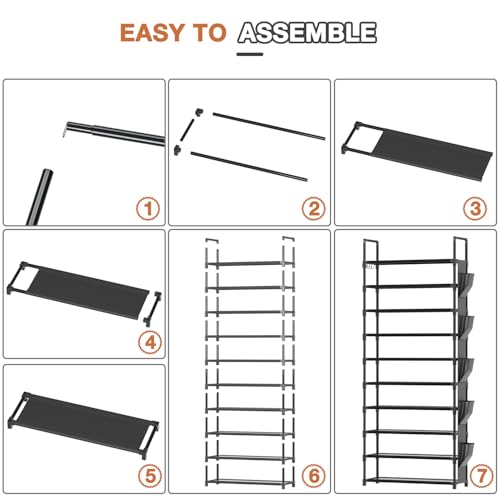 Tall Shoe Rack - 10 Tier Shoe Organizer 30-35 Pairs Boot Storage | with 5 Hooks, Pocket & Sturdy Large Vertical Shoe Shelf Stand Tower, Closet, Entryway, Bedroom, Garage, Free Standing