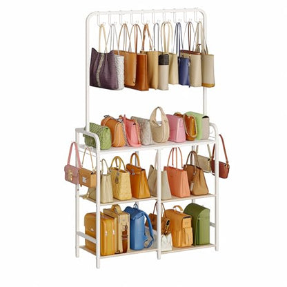 Large Capacity 3-Tier Purse Organizer for Closet, Double-Row Rack, 16 Hooks | 10 Top Hooks, 6 Side Hooks: Three shelves hold at least seven handbags per tier; the 11.5-inch depth fits narrow spaces