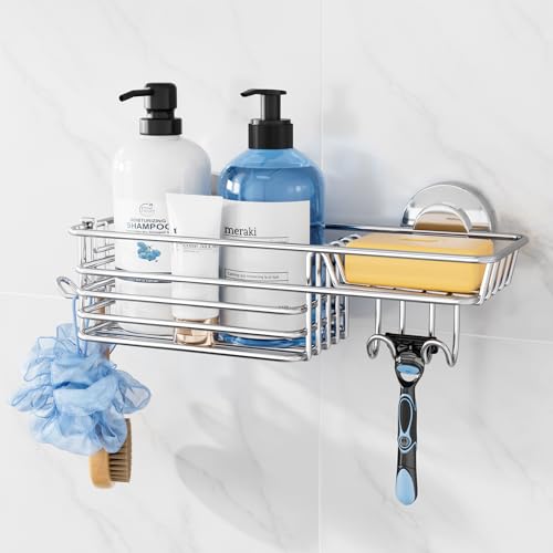 TAILI Shower Caddy Suction Cup with Hooks & Soap Holder, Silver | Heavy Duty Shower Organizers, Removable Bathroom Shelves for Inside,Stainless Steel Bathroom Holder