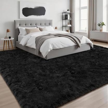 9x12 Area Rug Living Room Bedroom: Fluffy Plush Shag Carpet Black | For Kids Room Playroom Nursery Home Decor,Ultra Soft,Non-Slip Non-Shedding,Fuzzy Plush,Large Indoor Floor Carpet,Easy Clean