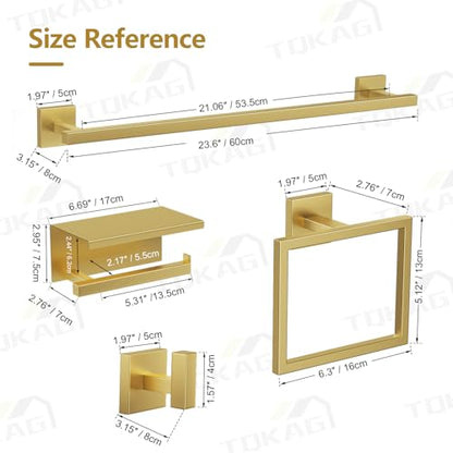 5-Pieces Brushed Gold Bathroom Hardware Accessories Set 23.6" SUS304 Stainless Steel Towel Bar Set Wall Mounted Square Toilet Paper Holder with Shelf