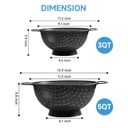 Black Colander for Kitchen, 3QT, Stainless Steel Pasta Strainer with Handle, Pasta Strainer for Fruits Vegetables Cooking Food, Dishwasher Safe