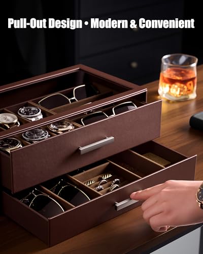ProCase Watch Case, Mens Jewelry Box for 6 Watch & 5 Sunglasses -Brown | Pull-Out Drawer 2-Tier Leather Watch Organizer with Glass Display Top, fit Watches Size Up to 50 mm, Gift for Men & Women