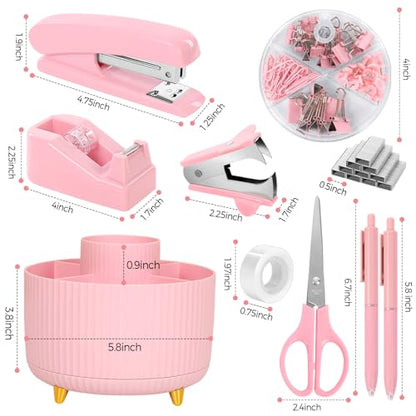 SKYDUE Pink Desk Accessories 10Pcs, Rotating Pen Holder for Desk, Stapler, Staple Remover, Tape Dispenser,2pcs Tape Refills, Binder Paper Clips Kit, Scissor,Pink Office School Supplies