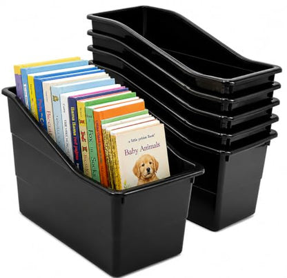 4E's Novelty 6 Durable Book and Binder Holder, Files Book Bins for Classroom, Plastic Vertical Storage Book Organizer Folder Office Classroom Organization Containers Supplies (Black)