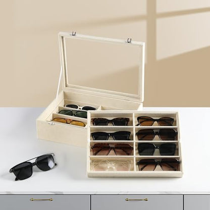16-Slot Sunglass Organizer Box,2 Layer Velvet Sunglasses Holder | Soft Velvet Material,Sunglass Case for Multiple Sunglass,Sunglass Box for Women,Eyeglass Organizer,Sunglass Display