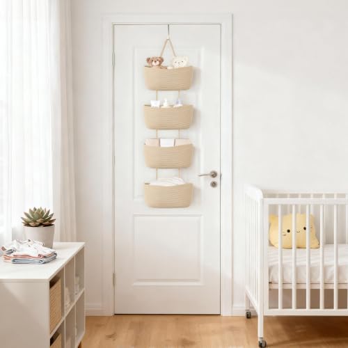 Dahey Over The Door Hanging Basket Storage 4-Tier Woven Wall Basket, Jute | Space-Saving, Hook Fits 1.77" Door, Widely Boho Nursery Organizer for Bathroom Bedroom Dorm Decor, Detachable Adjustable Rope