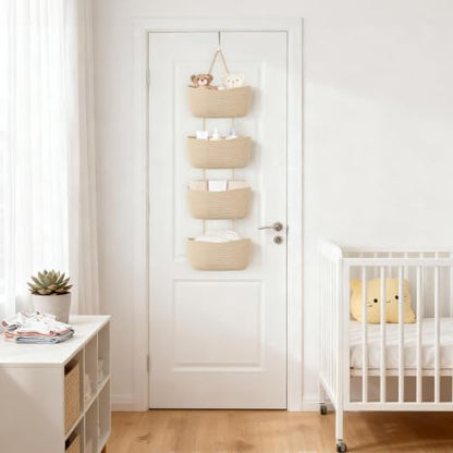 Dahey Over The Door Hanging Basket Storage 4-Tier Woven Wall Basket, Jute | Space-Saving, Hook Fits 1.77" Door, Widely Boho Nursery Organizer for Bathroom Bedroom Dorm Decor, Detachable Adjustable Rope
