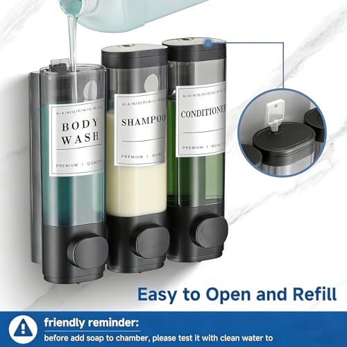 Shower Soap Dispenser Wall Mounted No Drill Shampoo Dispenser for Shower Wall Shampoo and Conditioner Dispenser Bathroom Hotel 3 * 300ml Black with Labels