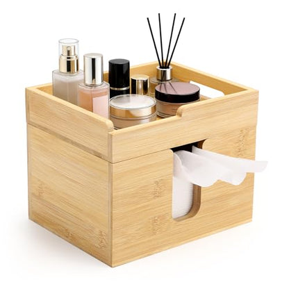 Bamboo Face Towel Holder with 120 XL Towels - Open-Top Skincare Organizer for Facial Cleansing Wipes & Beauty Essentials - Bathroom Countertop Vanity Organizer