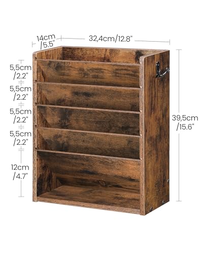 Wall File Organizer, 6-Tier Vertical Mount Hanging Holder with 2 Side Hooks, Vintage Wooden Magazine Storage Crate with Bottom Flat Tray, Desk Organizer, for Office, Home, Rustic Brown MWJ01FG