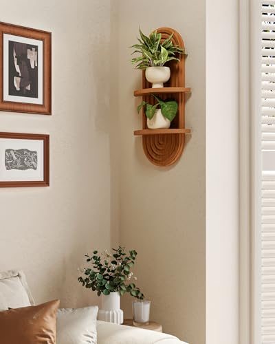 Bamworld Boho Wall Decor Plant Wall Shelf Wood Plant Holder 2 Tier Brown | Mid Century Modern Decor Hanging Plant Shelf Wooden Floating Shelves for Home Bedroom Living Room Holding Planter Decoration