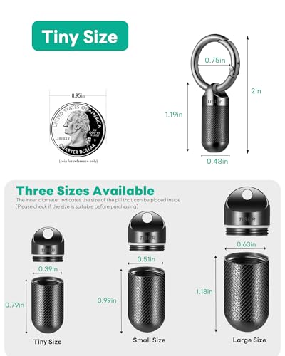 TISUR Small Keychain Pill Holder Case Titanium Pocket Pill Container | Mini Portable Travel Pill Bottle,Metal Durable Pill Box Case Black