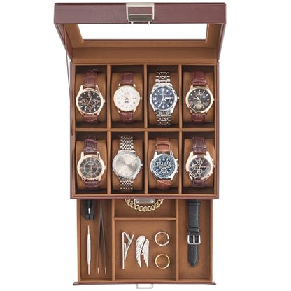ProCase Watch Case, 8 Slot Mens Watch Box with Drawer -Espresso | 2-Layer Jewelry Box Display Case Holder Organizer for Men, Clear Lid, Dad Friend Father Anniversary Christmas Birthday Gift