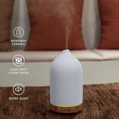 200ML Ceramic Essential Oil Diffuser for Home, Stone Diffuser | Ultrasonic Aromatherapy Diffuser & Air Humidifier for Bedroom, Office, Yoga, 7 LED Lights, Auto Shut-Off, 3 Timers,Wood Grain