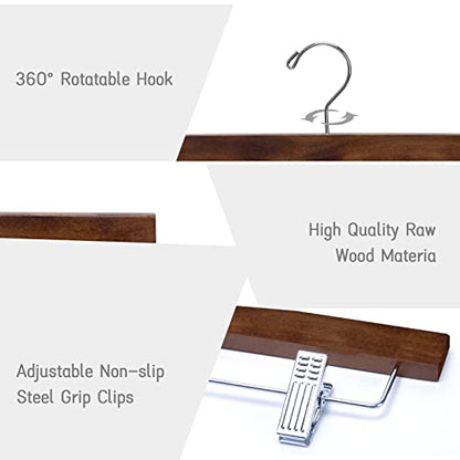 Nature Smile Wooden Pants Skirt Trousers Hangers with Clips (10Pcs Retro) | Lotus Wood Bottom Jeans Hanger with Anti Rust Hook