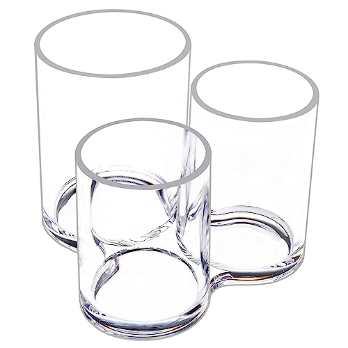 MOSIKER Hair Brush Holder, Clear Acrylic Makeup Brush Organizer, 3 Sections | Connected open-top cylinders in varied heights sort combs, mascara, eyeliner, lip pencils, pens and small remotes.