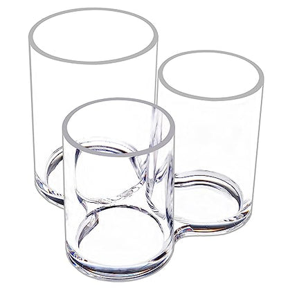 MOSIKER Hair Brush Holder, Clear Acrylic Makeup Brush Organizer, 3 Sections | Connected open-top cylinders in varied heights sort combs, mascara, eyeliner, lip pencils, pens and small remotes.