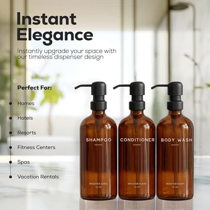 Amber Shampoo and Conditioner Dispenser Set by Brighter Barns - Body Wash and Shampoo Bottles with Pump - Refillable Plastic Shower Dispenser for Modern Bathroom Decor in Vacation Rental, Spa (Amber)