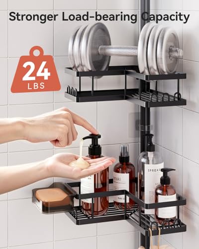 Corner Shower Caddy Tension Pole, 25.7-109.1in Adjustable Shower Shelves, Rust-Resistant Shower Organizer, No-Drill 3-Step Installation, Bathroom Shelves for Renters & Family, Black