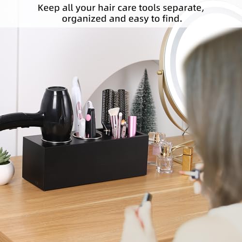 Hair Dryer Holder and Tool Organizer, Curling Iron Holder (Wood, Black) | Dryer Holder Organizer for Wall Mount or Countertop, Self-Adhesive Hooks, makeup brushes Storage, Multi-Compartment Design