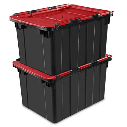 Sterilite 12 Gal Hinged Lid Industrial Tote, Stackable Storage Bin with Hinge Lid, Plastic Container to Organize Basement, Black with Red Lid, 6-Pack | Heavy-Duty and Stackable Utility Box Containers for Home, Office, and Basement Organization, Black/Red