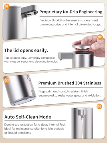 Automatic Liquid Soap Dispenser Touchless: Stainless Steel Hand Soap Dispenser Auto - Free Touch Electric Soap Dispenser Rechargeable with Sensor for Kitchen, Bathroom, Commercial (Silver)